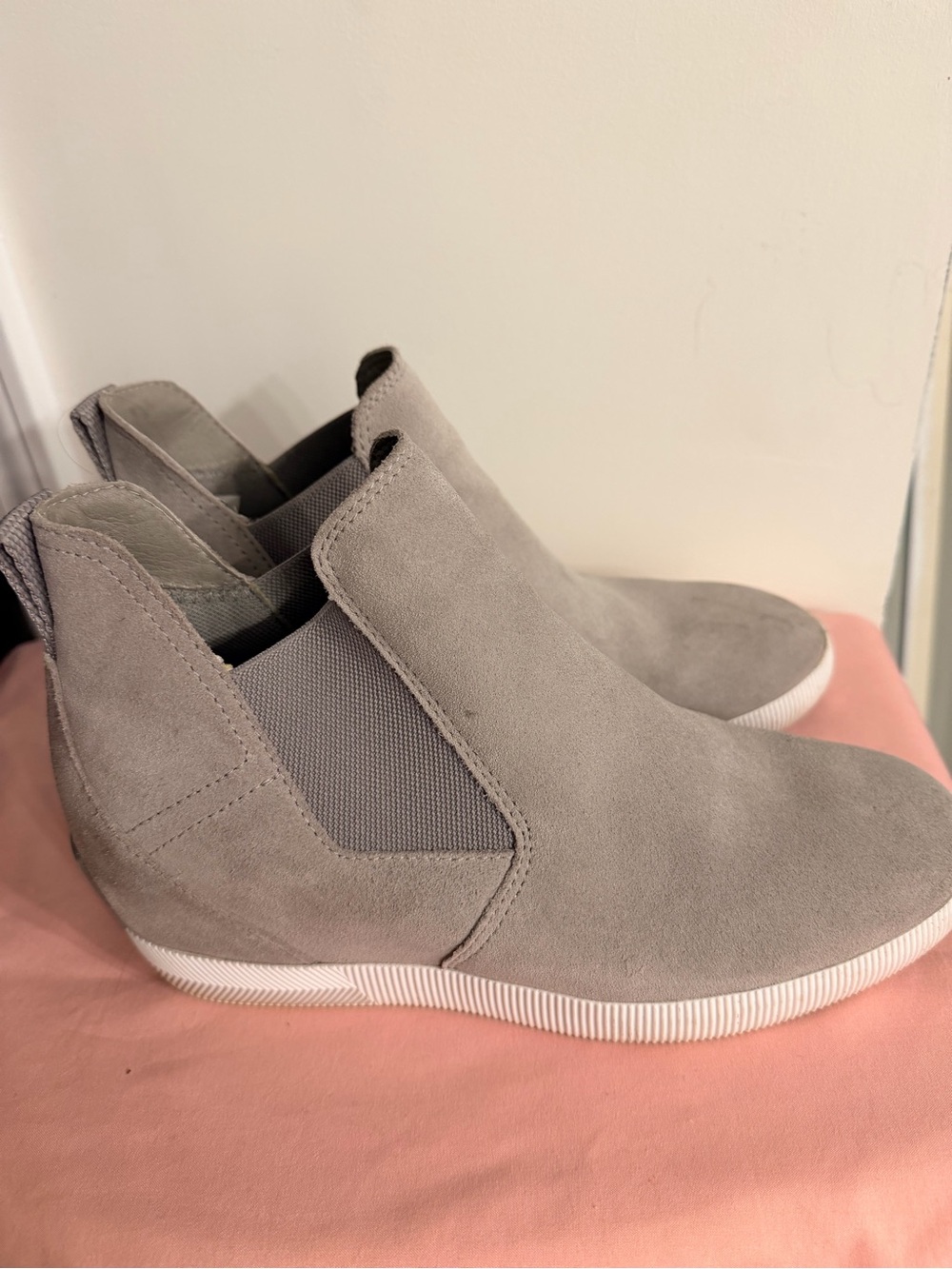 Sorel Light Gray Suede Chelsea Wedge Booties